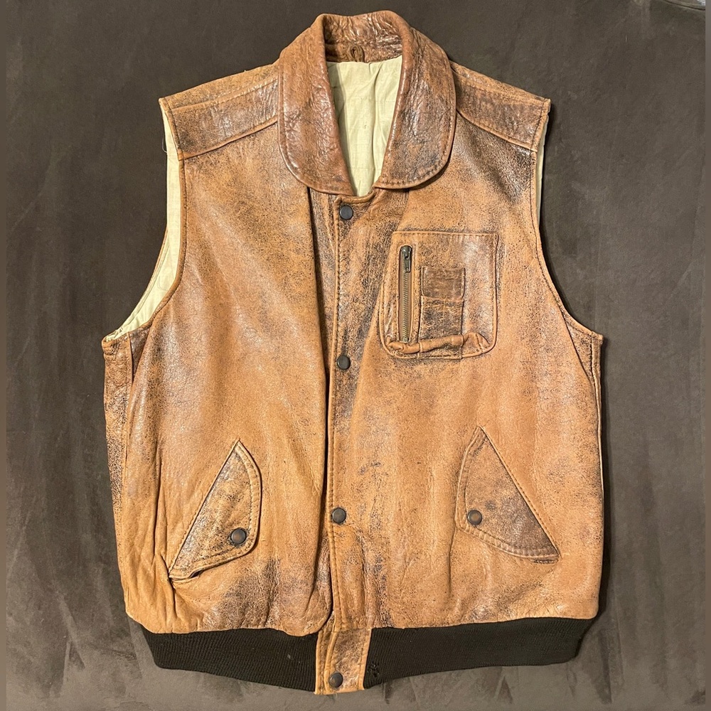 Vintage Charles Chevignon Paris A2 Brown Leather Vest War Skies Hunter L Rare